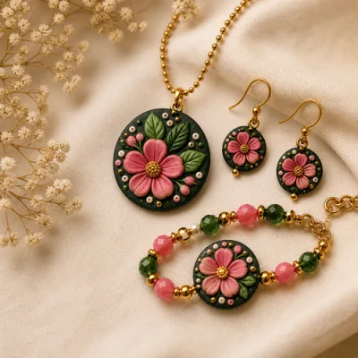 Handmade Ethnic Jewellery Set – Handcrafted Necklace, Earrings & Bracelet for Women & Girls alternate view