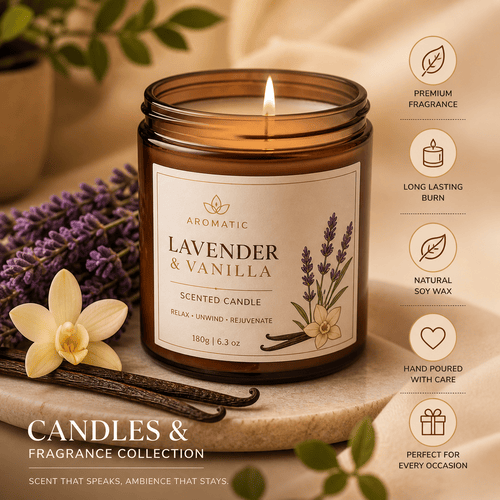 Aromatic Lavender & Vanilla Scented Candle – Handcrafted Soy Wax Candle for Relaxation & Home Decor primary image