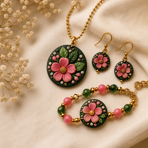 Handmade Ethnic Jewellery Set – Handcrafted Necklace, Earrings & Bracelet for Women & Girls alternate view