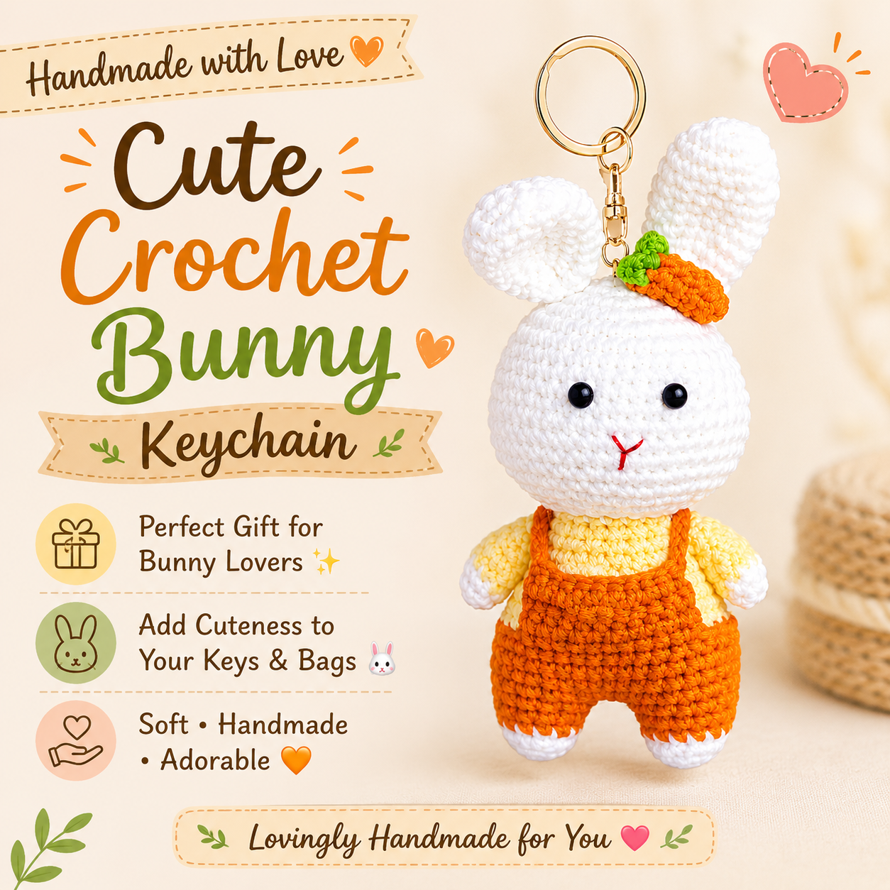 Handmade Crochet Bunny Keychain – Adorable Hand Knitted Amigurumi Rabbit Charm for Keys, Bags & Gifting primary image
