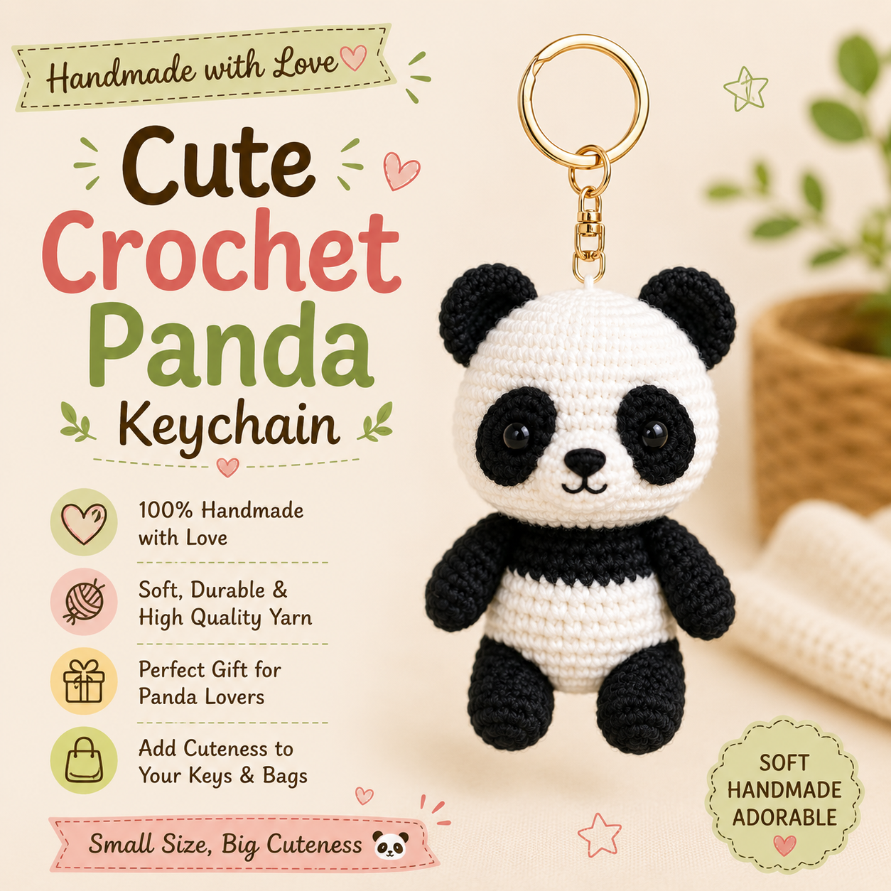 Handmade Crochet Panda Keychain – Adorable Hand Knitted Amigurumi Panda Bear Charm for Keys, Bags & Gifting primary image