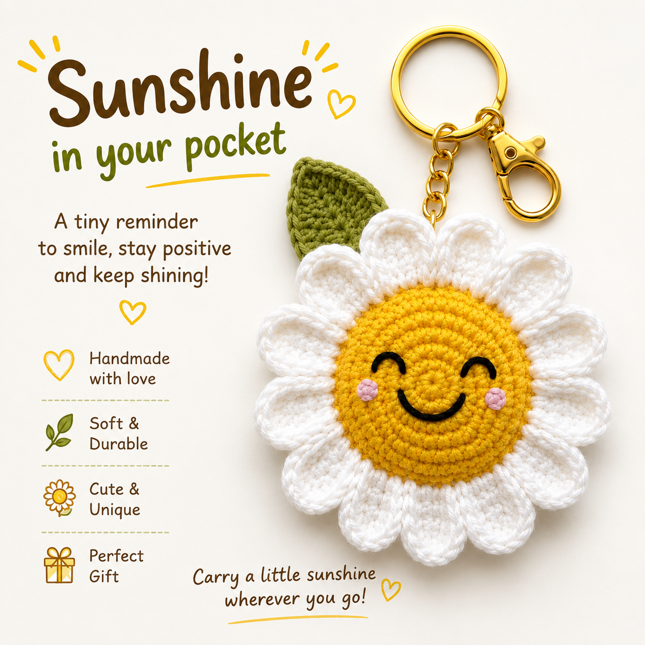 Handmade Crochet Sunflower Keychain – Yellow & White Two Tone Hand Knitted Flower Charm for Keys, Bags & Giftin primary image