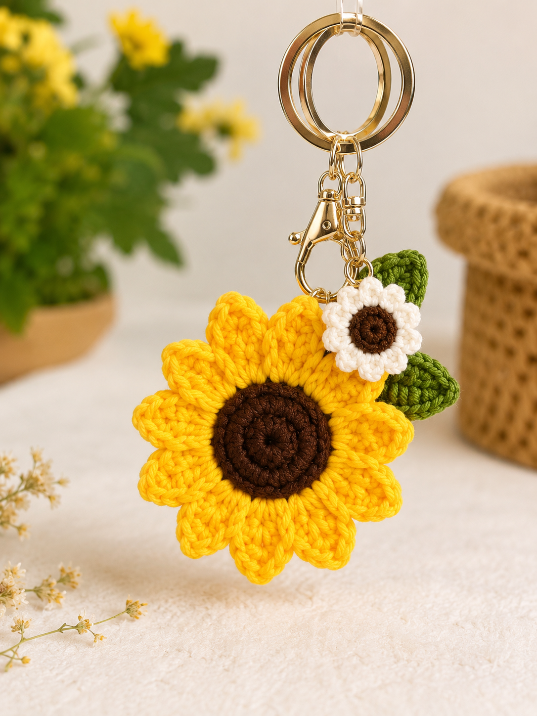 Handmade Crochet Double Sunflower Keychain – Two Blooms Hand Knitted Sunflower Charm for Keys, Bags & Gifting alternate view