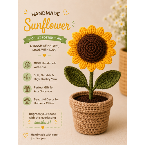 Handmade Crochet Sunflower Pot – Hand Knitted Sunflower Arrangement in Decorative Pot for Home Decor, Desk Display & Gifting primary image