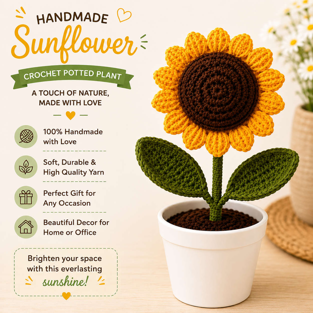 Handmade Crochet Sunflower Arrangement in Plastic Pot – Hand Knitted Sunflower Display Pot for Home Decor, Desk & Gifting primary image