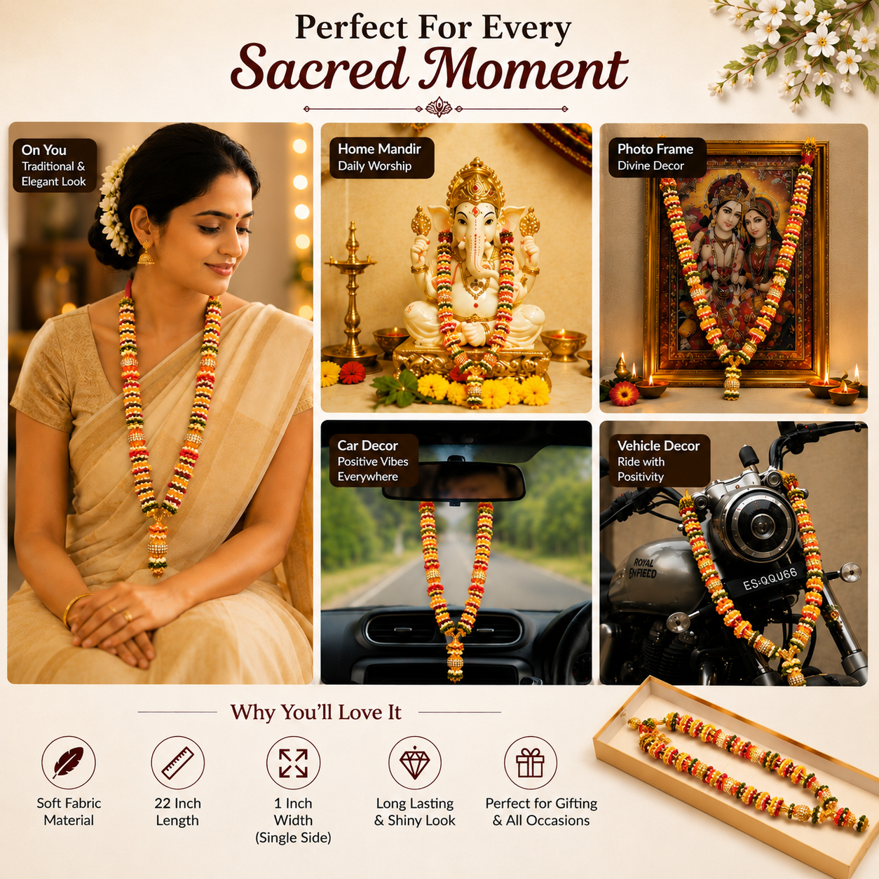 Premium Handmade Satin Ribbon Garland for Photo Frame & God Idol | Artificial Multicolor Mala for Photo Frame, God, Mandir, Murti and Temple alternate view