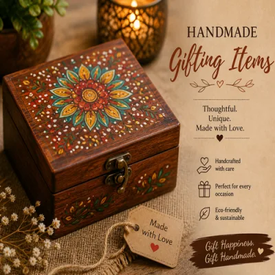 Handmade Wooden Gift Box – Hand Carved & Hand Painted Decorative Wooden Box for Gifting, Jewellery Storage & Home Decor | Personalisable Keepsake Box for Weddings, Diwali & Special Occasions