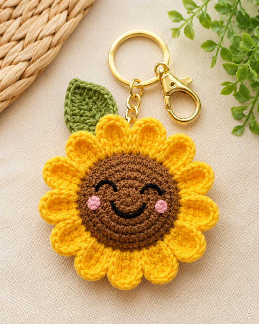Handmade Crochet Sunflower Keychain – Bright Yellow Hand Knitted Sunflower Charm for Keys, Bags & Gifting