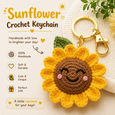 Handmade Crochet Sunflower Keychain – Bright Yellow Hand Knitted Sunflower Charm for Keys, Bags & Gifting primary image
