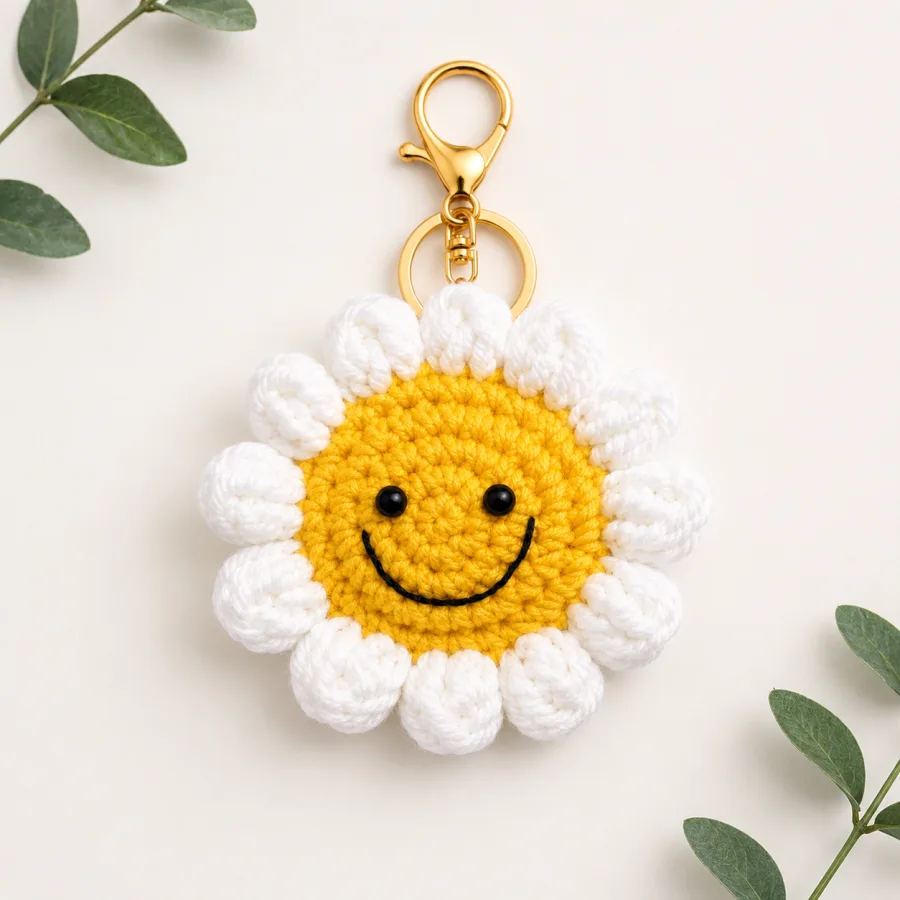 Handmade Crochet Sunflower Keychain – Yellow & White Two Tone Hand Knitted Flower Charm for Keys, Bags & Giftin