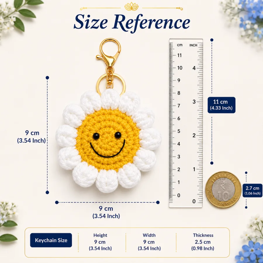 Handmade Crochet Sunflower Keychain – Yellow & White Two Tone Hand Knitted Flower Charm for Keys, Bags & Giftin