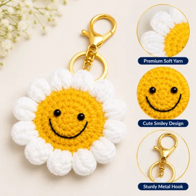 Handmade Crochet Sunflower Keychain – Yellow & White Two Tone Hand Knitted Flower Charm for Keys, Bags & Giftin
