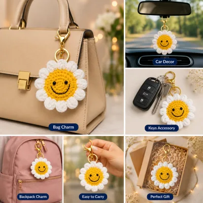 Handmade Crochet Sunflower Keychain – Yellow & White Two Tone Hand Knitted Flower Charm for Keys, Bags & Giftin