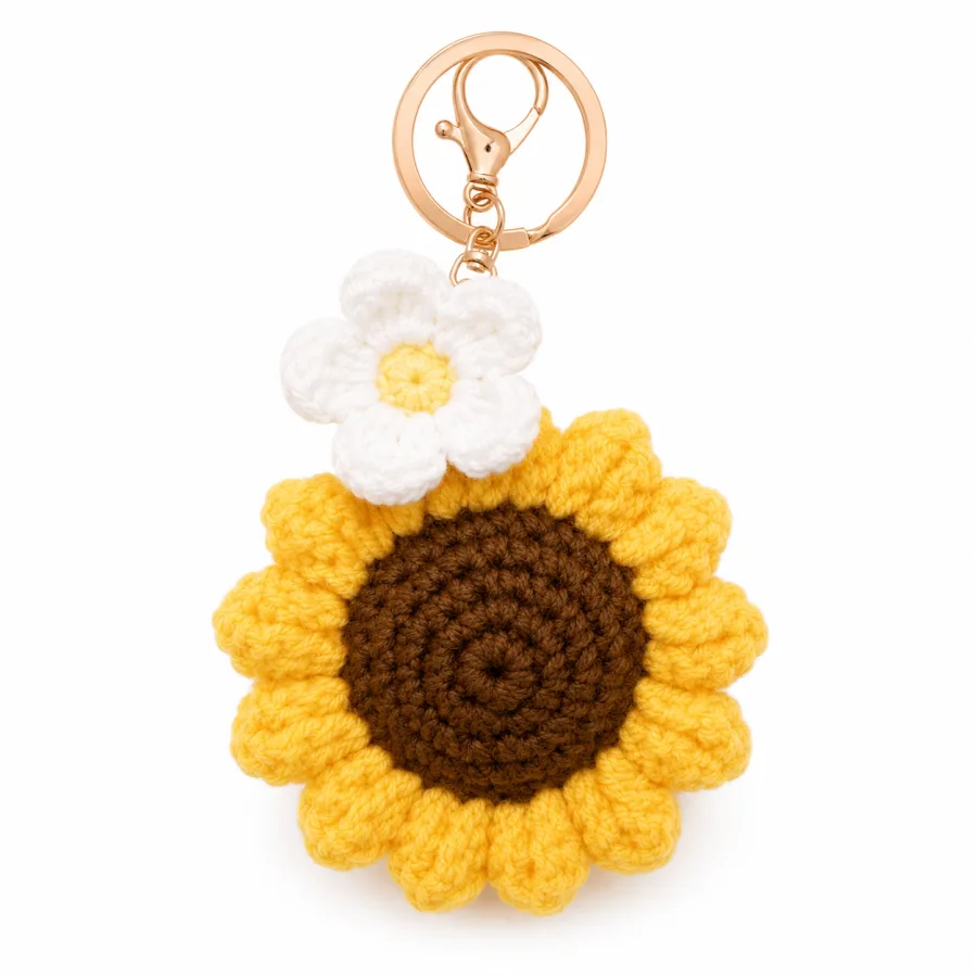 Handmade Crochet Double Sunflower Keychain – Two Blooms Hand Knitted Sunflower Charm for Keys, Bags & Gifting