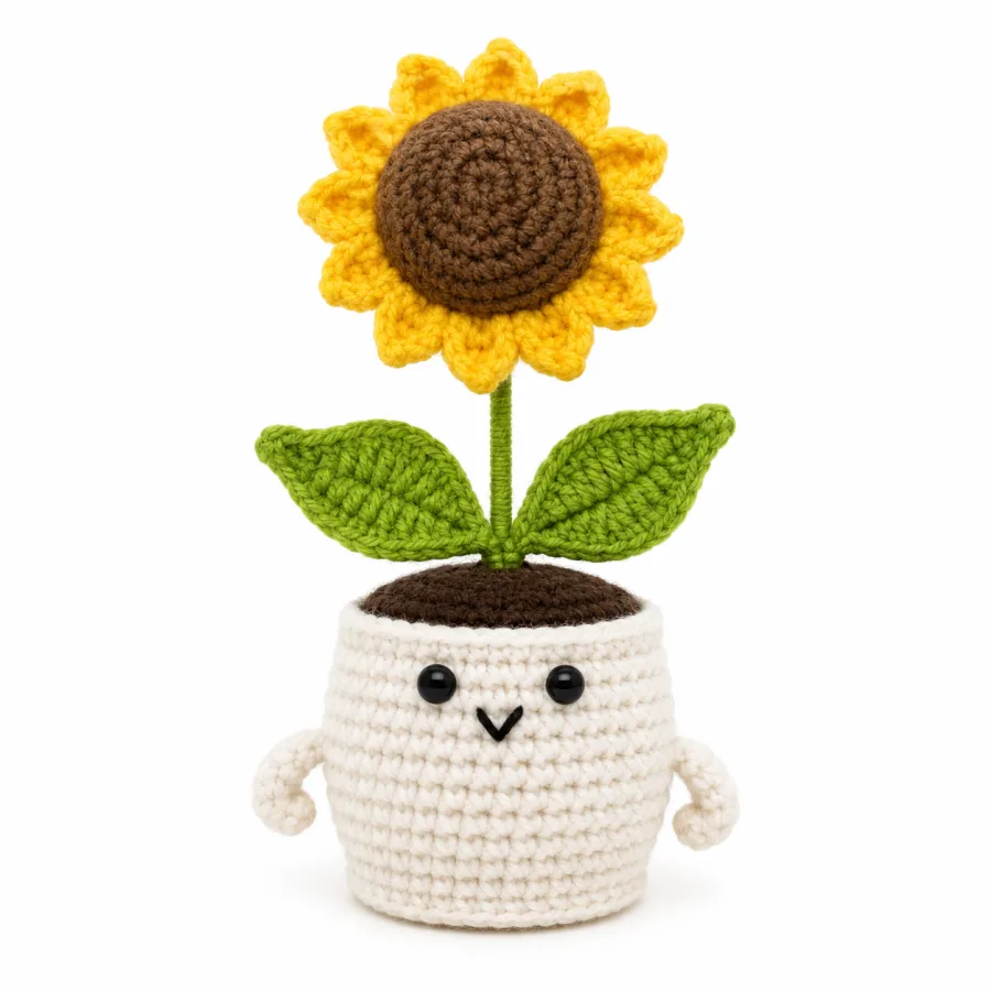 Handmade Crochet Sunflower Pot – Hand Knitted Sunflower Arrangement in Decorative Pot for Home Decor, Desk Display & Gifting
