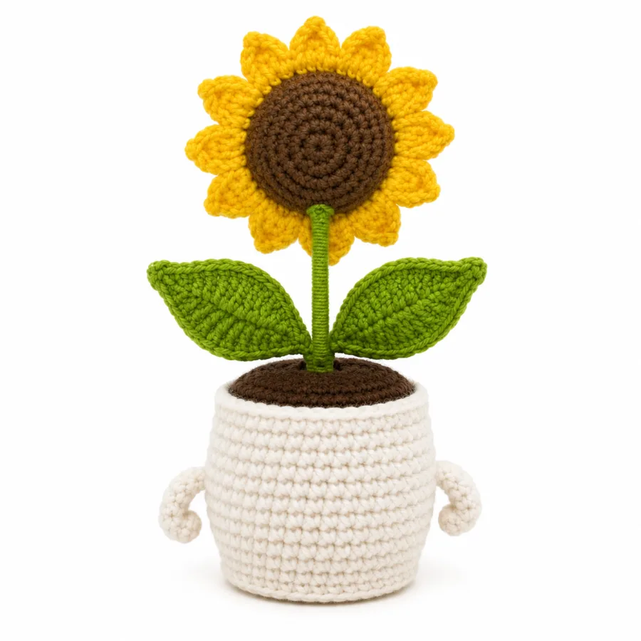 Handmade Crochet Sunflower Pot – Hand Knitted Sunflower Arrangement in Decorative Pot for Home Decor, Desk Display & Gifting