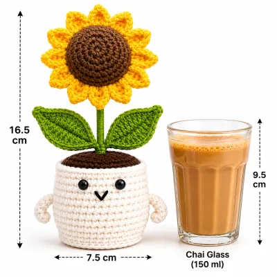 Handmade Crochet Sunflower Pot – Hand Knitted Sunflower Arrangement in Decorative Pot for Home Decor, Desk Display & Gifting