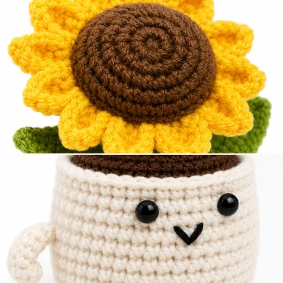 Handmade Crochet Sunflower Pot – Hand Knitted Sunflower Arrangement in Decorative Pot for Home Decor, Desk Display & Gifting