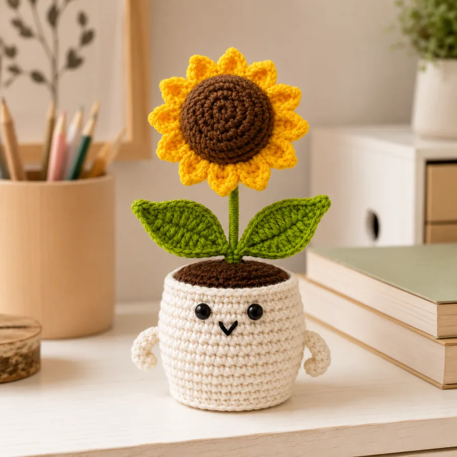 Handmade Crochet Sunflower Pot – Hand Knitted Sunflower Arrangement in Decorative Pot for Home Decor, Desk Display & Gifting