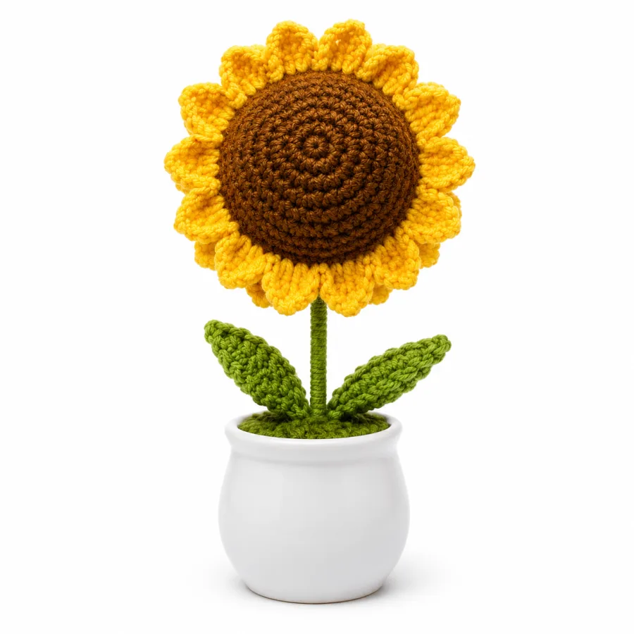 Handmade Crochet Sunflower Arrangement in Plastic Pot – Hand Knitted Sunflower Display Pot for Home Decor, Desk & Gifting