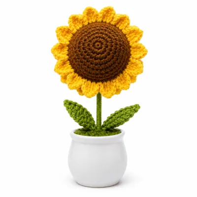 Handmade Crochet Sunflower Arrangement in Plastic Pot – Hand Knitted Sunflower Display Pot for Home Decor, Desk & Gifting