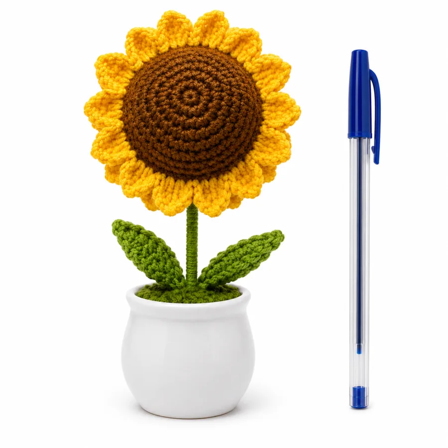 Handmade Crochet Sunflower Arrangement in Plastic Pot – Hand Knitted Sunflower Display Pot for Home Decor, Desk & Gifting
