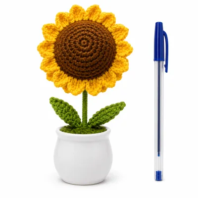 Handmade Crochet Sunflower Arrangement in Plastic Pot – Hand Knitted Sunflower Display Pot for Home Decor, Desk & Gifting