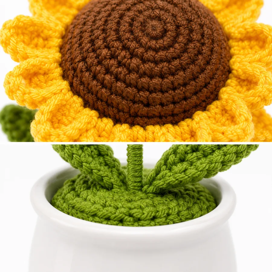 Handmade Crochet Sunflower Arrangement in Plastic Pot – Hand Knitted Sunflower Display Pot for Home Decor, Desk & Gifting