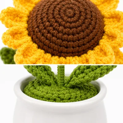 Handmade Crochet Sunflower Arrangement in Plastic Pot – Hand Knitted Sunflower Display Pot for Home Decor, Desk & Gifting