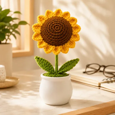 Handmade Crochet Sunflower Arrangement in Plastic Pot – Hand Knitted Sunflower Display Pot for Home Decor, Desk & Gifting