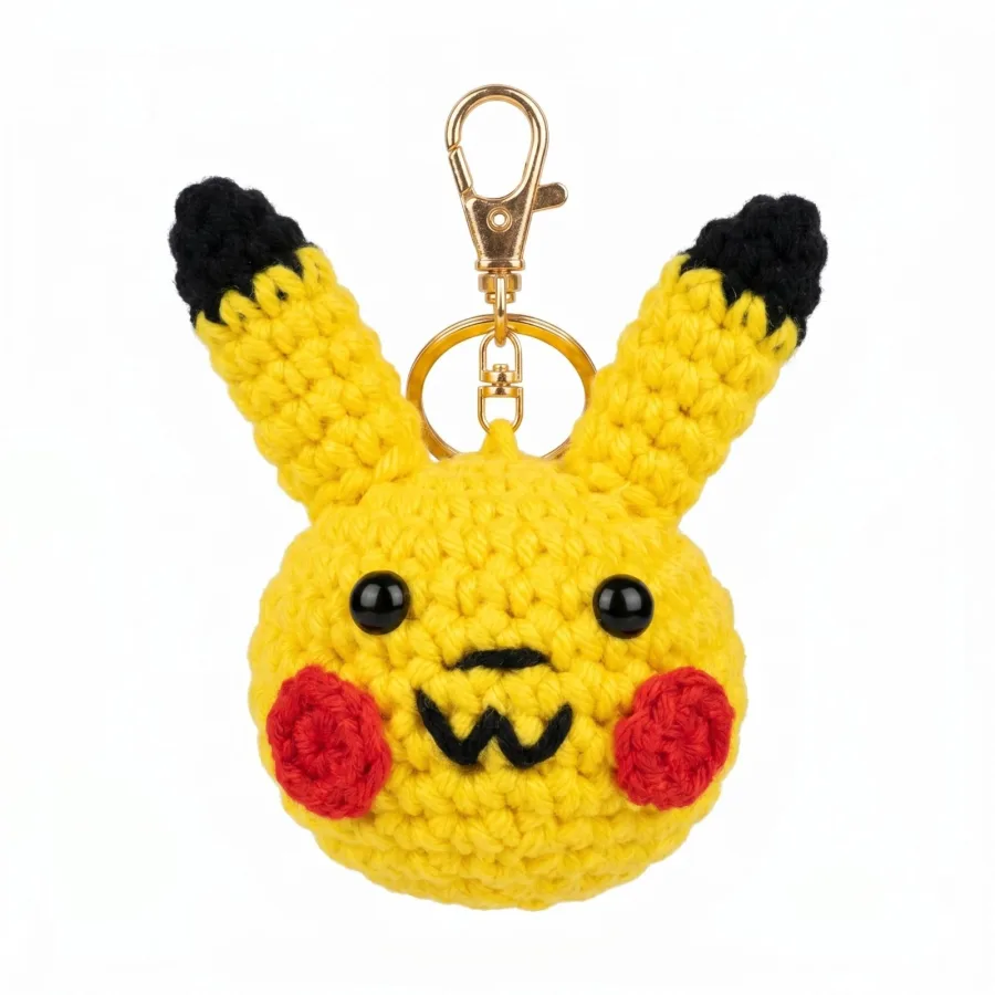 Handmade Crochet Pikachu Inspired Keychain – Adorable Hand Knitted Yellow Electric Mouse Amigurumi Charm for Keys & Bags