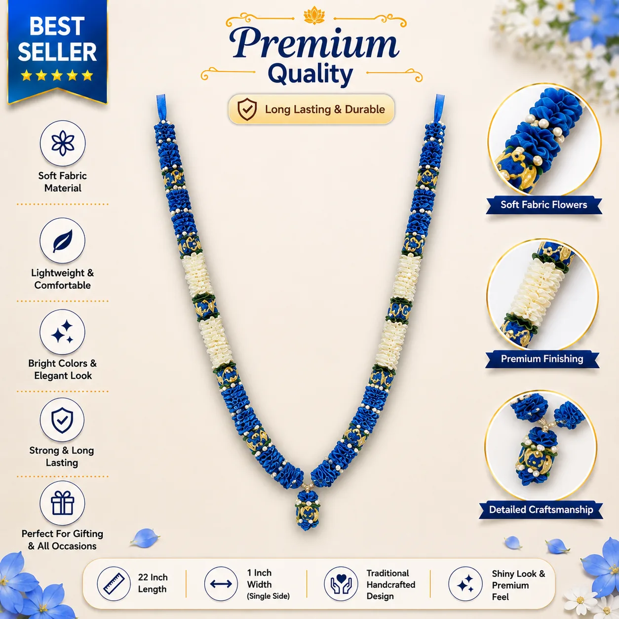 Premium Artificial Photo Frame Mala in Navy Blue & Cream |  Wedding Varmala Garland for God Idol | Soft Fabric Flower Garland