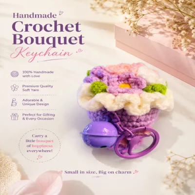 Handmade Crochet Lavender Flower Bouquet Keychain | Soft Purple Crochet Flower Bouquet Key Ring for Women & Girls