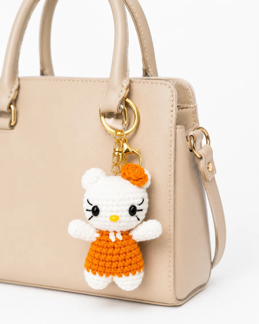 Handmade Crochet Kitty Keychain – Orange & White kitty Keychain Charm