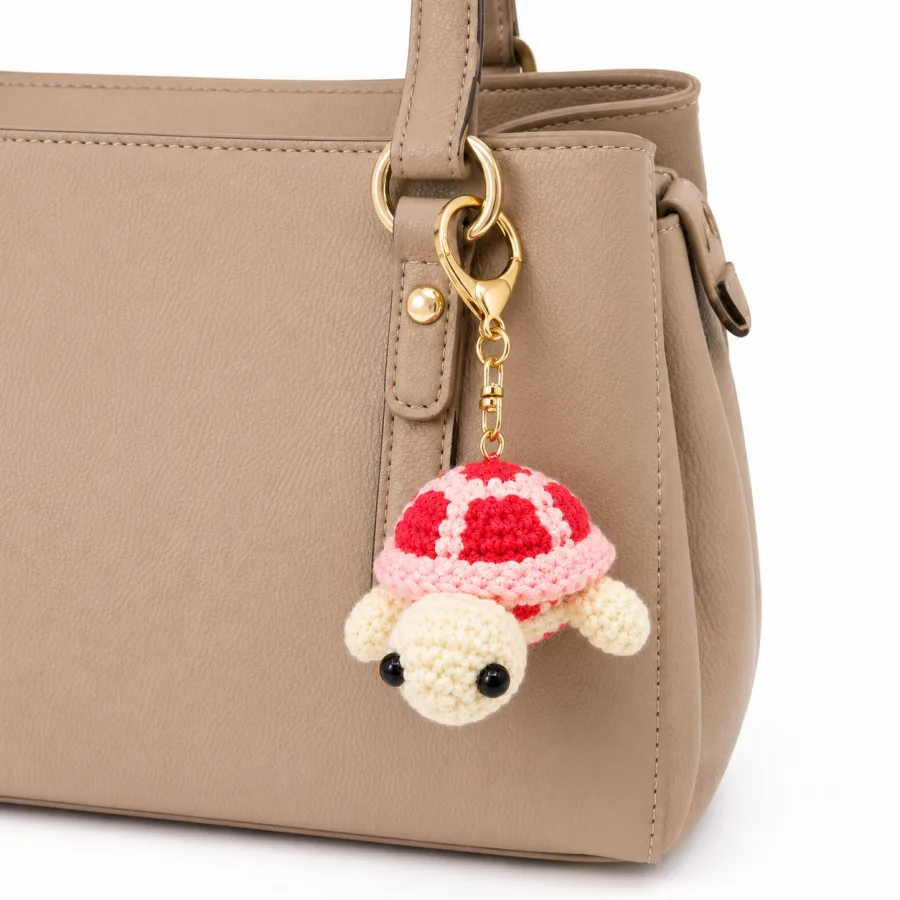 Handmade Crochet Turtle Keychain – Red & White Tortoise Keychain Charm