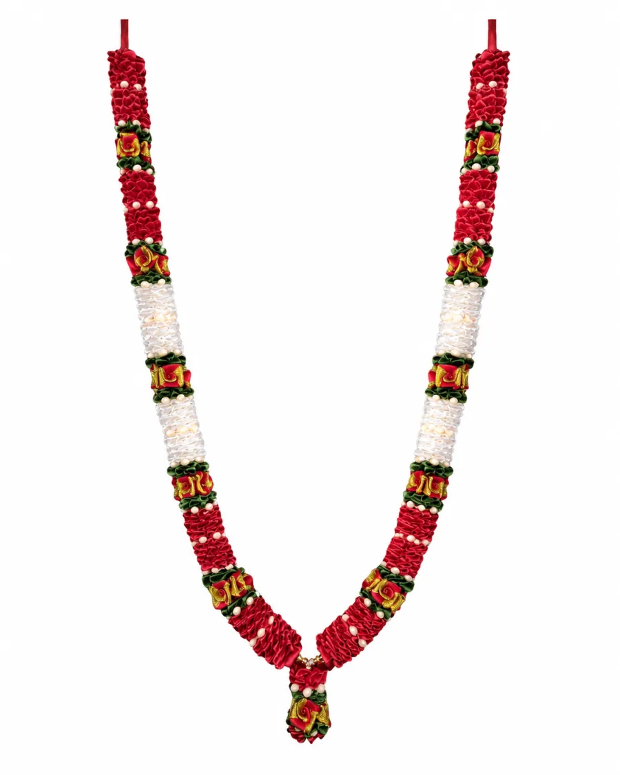 Handmade Artificial Flower Garland Mala For Photo Frame And God Idol, Artificial Moti Garland Decorating Flower Mala Pooja Room (Red, 22Inch)
