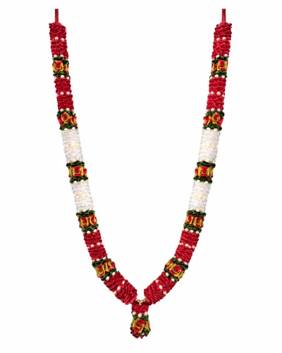 Handmade Artificial Flower Garland Mala For Photo Frame And God Idol, Artificial Moti Garland Decorating Flower Mala Pooja Room (Red, 22Inch)