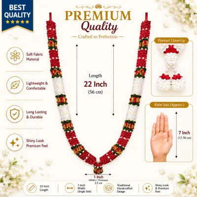 Handmade Artificial Flower Garland Mala For Photo Frame And God Idol, Artificial Moti Garland Decorating Flower Mala Pooja Room (Red, 22Inch)
