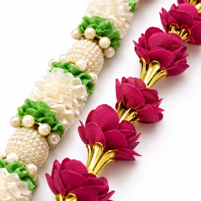 Artificial Flower Mala – Ivory Jasmine & Magenta Orchid Pooja Garland | Handmade Temple Decor Mala, 22 Inch