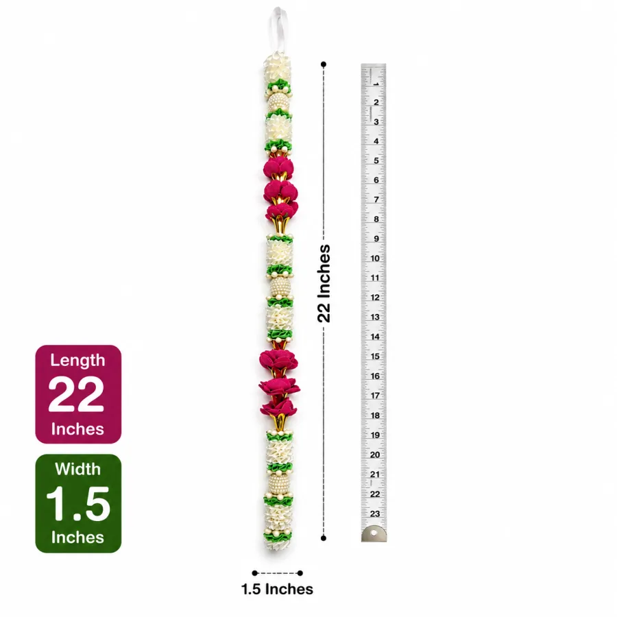 Artificial Flower Mala – Ivory Jasmine & Magenta Orchid Pooja Garland | Handmade Temple Decor Mala, 22 Inch