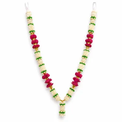 Artificial Flower Mala – Ivory Jasmine & Magenta Orchid Pooja Garland | Handmade Temple Decor Mala, 22 Inch