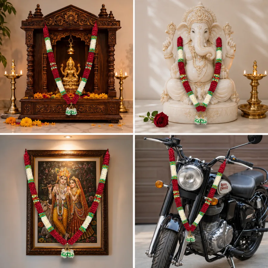 Handmade Ribbon Flower Mala – Red & Ivory Satin Pooja Garland with Pearl Tassels, 22 Inch