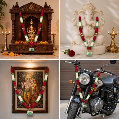 Handmade Ribbon Flower Mala – Red & Ivory Satin Pooja Garland with Pearl Tassels, 22 Inch