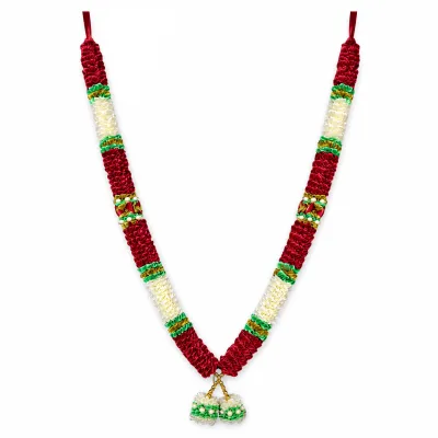 Handmade Ribbon Flower Mala – Red & Ivory Satin Pooja Garland with Pearl Tassels, 22 Inch primary image