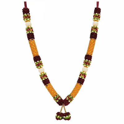 Handmade Maroon & Orange Beaded Mala – Pearl Accent Pooja Garland with Gold Floral Detail, 22 Inch primary image