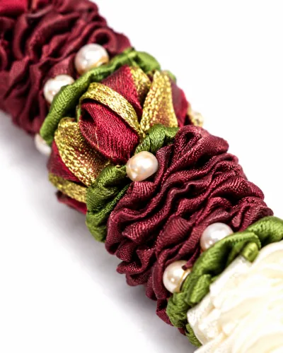 Handmade Maroon & Ivory Ribbon Mala – Pearl Studded Pooja Garland with Gold Leaf Detail, 22 Inch