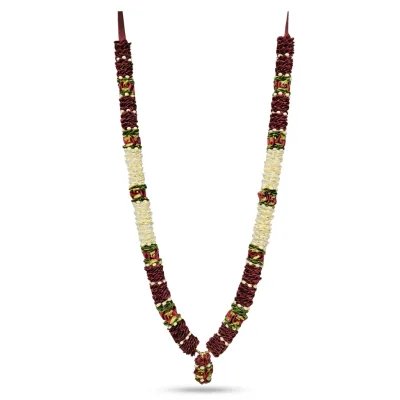 Handmade Maroon & Ivory Ribbon Mala – Pearl Studded Pooja Garland with Gold Leaf Detail, 22 Inch primary image