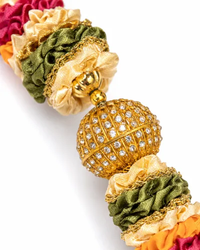 Handmade Multicolor Ribbon Mala – Pink, Orange & Gold Pooja Garland with Stone-Studded Beads, 22 Inch