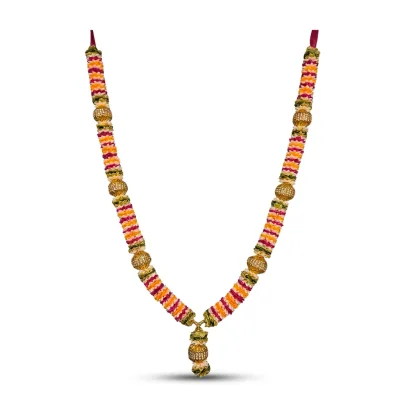Handmade Multicolor Ribbon Mala – Pink, Orange & Gold Pooja Garland with Stone-Studded Beads, 22 Inch