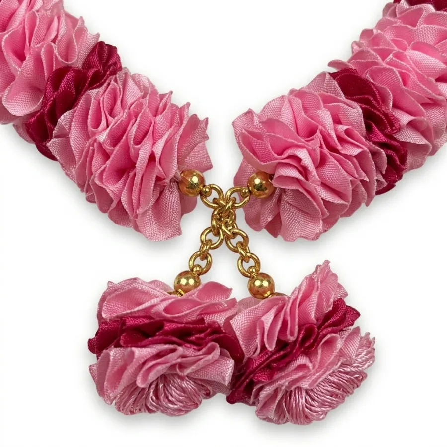 Handmade Pink & Maroon Ribbon Mala – Satin Flower Pooja Garland with Gold Bead Accents, 22 Inch